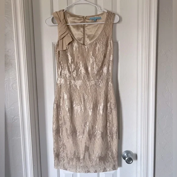 antonio melani gold dress Antonio Melani Rose Gold Sequined Feather Cocktail Dress main image 0